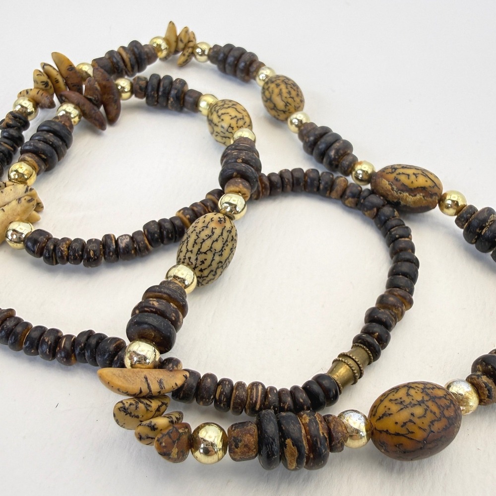 Vintage Natural Wood and Seed Bead Necklace Brown Gold Tone Earthy Boho